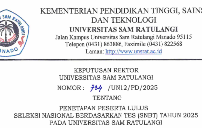 PENETAPAN PERSERTA LULUS SELEKSI NASIONAL BERDASARKAN TES (SNBT) TAHUN 2025 PADA UNIVERSITAS SAM RATULANGI