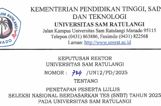 PENETAPAN PERSERTA LULUS SELEKSI NASIONAL BERDASARKAN TES (SNBT) TAHUN 2025 PADA UNIVERSITAS SAM RATULANGI