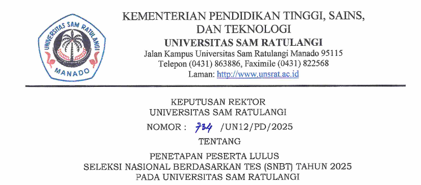 PENETAPAN PERSERTA LULUS SELEKSI NASIONAL BERDASARKAN TES (SNBT) TAHUN 2025 PADA UNIVERSITAS SAM RATULANGI PENETAPAN PERSERTA LULUS SELEKSI NASIONAL BERDASARKAN TES (SNBT) TAHUN 2025 PADA UNIVERSITAS SAM RATULANGI